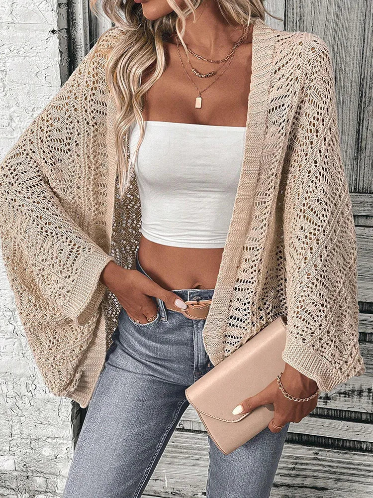 Polyester 100.00% Solid Color Camisole Knit Cardigan Elegant Front Open Bat Wing Sleeve Loose Cardigan for Women