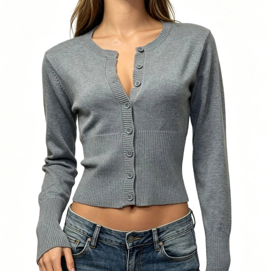 women's cardigans and sweater vests solid color long slevees round neck elegant all-match Slimming Knitted Base Layer Sweater