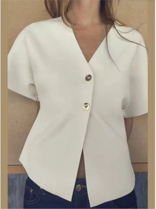 Casual White Knitted Cardigan Top Women Short Sleeve V-neck Two Buttons Waistcoat Spring Summer Autumn All-match Knitwear Coat