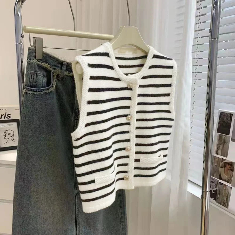 Korean Elegant Chic Knit Vest Stripe Casual Sweet Office Lady Cardigan Women's Sweater Jacket Vintage Basic Tank Top Outerwears