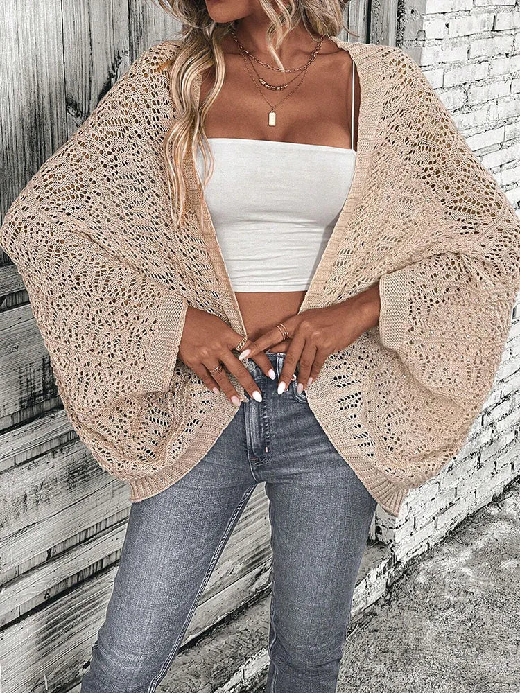 Polyester 100.00% Solid Color Camisole Knit Cardigan Elegant Front Open Bat Wing Sleeve Loose Cardigan for Women