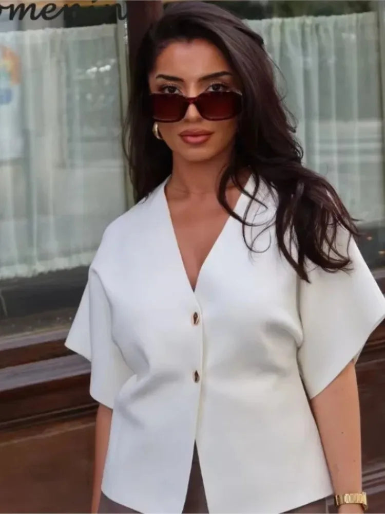 Casual White Knitted Cardigan Top Women Short Sleeve V-neck Two Buttons Waistcoat Spring Summer Autumn All-match Knitwear Coat