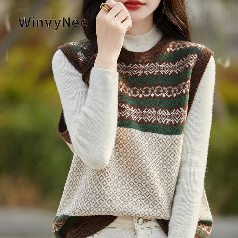 WinvyNee Women's Chinese Style Pure Fine Wool Vest Slim Warm Sleeveless Waistcoat Daily Elegant Autumn Winter Outer ZC1497010