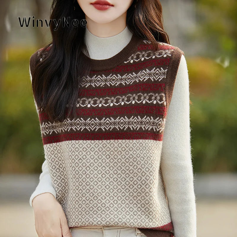 WinvyNee Women's Chinese Style Pure Fine Wool Vest Slim Warm Sleeveless Waistcoat Daily Elegant Autumn Winter Outer ZC1497010